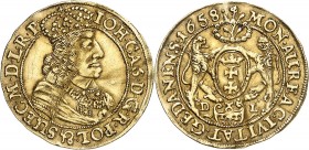 POLOGNE
Jean II Casimir Vasa (1649-1668). Ducat 1658, Danzig.
Av. Buste couronné et cuirassé à droite. Rv. Écu présenté par deux lions. Fr. 24, K. 7...
