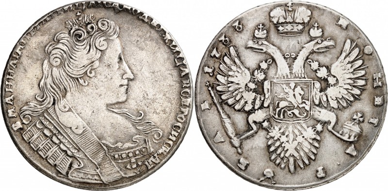 RUSSIE
Anna (1730-1740). Rouble 1733, Moscou.
Av. Buste diadémé à droite. Rv. ...