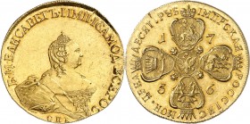 RUSSIE
Élisabeth (1741-1761). 10 roubles 1756, Saint-Pétersbourg.
Av. Buste couronné à droite. Rv. Ecussons couronnés de Moscou, Kazan, Sibérie et A...