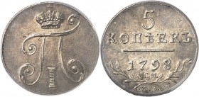 RUSSIE
Paul Ier (1796-1801). 5 kopecks 1798 CM, MB Saint-Pétersbourg.
Av. Monogramme couronné. Rv. Valeur et date.
Bit. 88.
PCGS MS 63. Superbe à ...