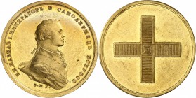 RUSSIE
Paul Ier (1796-1801). Médaille en or (1797), frappée pour le couronnement du Tsar, par Meisner.
Av. Buste habillé à droite. Rv. Croix.
Dia. ...