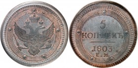 RUSSIE
Alexandre Ier (1801-1825). 5 kopecks 1803, Ekaterinburg.
Av. Aigle bicéphale couronné. Rv. Date et valeur.
Bit. 284.
PCGS MS 63 BN. Superbe...
