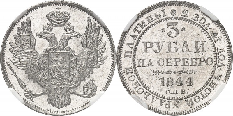 RUSSIE
Nicolas Ier (1825-1855). 3 roubles en platine 1844, Saint-Pétersbourg.
...