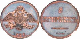 RUSSIE
Nicolas Ier (1825-1855). 5 kopecks 1830, Saint-Pétersbourg, Novodel.
Av. Aigle bicéphale couronné. Rv. Légende sur trois lignes.
Bit. H926....