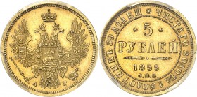 RUSSIE
Alexandre II (1855-1881). 5 roubles 1855, Saint-Pétersbourg.
Av. Aigle bicéphale couronné. Rv. Valeur et légende circulaire.
Fr. 163.
PCGS ...