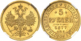 RUSSIE
Alexandre II (1855-1881). 5 roubles 1877, Saint-Pétersbourg.
Av. Aigle bicéphale couronné. Rv. Valeur et légende circulaire.
Fr. 163.
Top p...