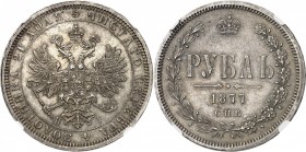 RUSSIE
Alexandre II (1855-1881). Rouble 1877 CNB.
Av. Aigle impérial couronnée. Rv. Valeur et légende dans une couronne.
Bit. 90.
PCGS MS 62. Supe...