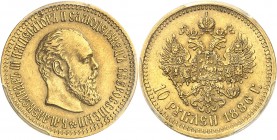 RUSSIE
Alexandre III (1881-1894). 10 roubles 1886 AГ, Saint-Pétersbourg.
Av. Buste à droite. Rv. Aigle bicéphale couronné.
Fr. 167.
PCGS AU 58. Da...