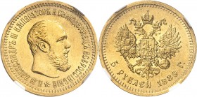 RUSSIE
Alexandre III (1881-1894). 5 roubles 1889 AГ, Saint-Pétersbourg.
Av. Buste à droite. Rv. Aigle bicéphale couronné.
Fr. 168.
NGC MS 64. Supe...