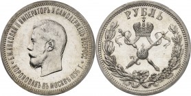 RUSSIE
Nicolas II (1894-1917). Rouble 1896, célébrant le couronnement du Tsar.
Av. Tête nue à gauche. Rv. Sceptre et épée couronnés.
Km. Y60, Dav. ...
