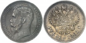 RUSSIE
Nicolas II (1894-1917). Rouble 1902, Saint-Pétersbourg.
Av. Tête nue à gauche. Rv. Aigle bicéphale couronné.
Km. Y.59.3, Bit. 56.
PCGS MS 6...