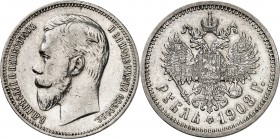 RUSSIE
Nicolas II (1894-1917). Rouble 1908, Saint-Pétersbourg.
Av. Tête nue à gauche. Rv. Aigle bicéphale couronné.
Km. Y.59.3, Bit. 62.
PCGS Genu...