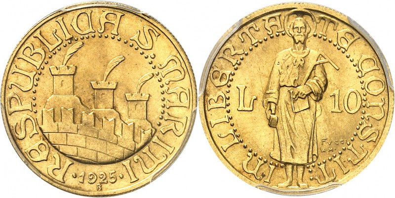 République. 10 lire 1925, Rome.
Av. Les trois tours de Saint Marin. Rv. Saint M...