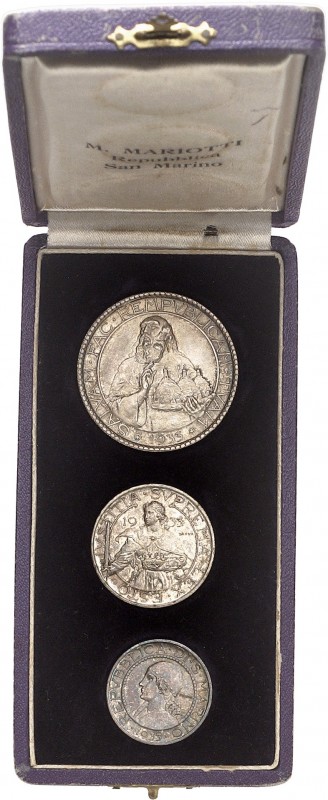 SAINT-MARIN
République. Coffre d’origine contenant la 20, 10 et 5 lire 1933 ess...