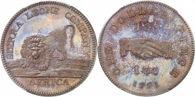 SIERRA LEONE
Colonie Britannique. Dollar 1791 en bronze, Birmingham.
Av. Lion. Rv. Valeur de part et d’autre de deux mains jointes.
Km. 6a.
PCGS P...