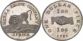 SIERRA LEONE
Colonie Britannique. Dollar 1791 en bronze, Birmingham.
Av. Lion. Rv. Valeur de part et d’autre de deux mains jointes.
Km. 6a.
PCGS P...