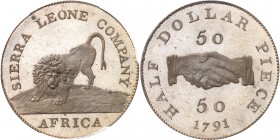 SIERRA LEONE
Colonie Britannique. 50 cent 1791 en bronze, Birmingham.
Av. Lion. Rv. Valeur de part et d’autre de deux mains jointes.
Km. 5a.
PCGS ...