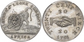 SIERRA LEONE
Colonie Britannique. 20 cent 1791 Birmingham, essai en argent.
Av. Lion. Rv. Valeur de part et d’autre de deux mains jointes.
Km. 4.
...