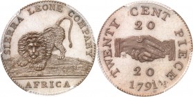 SIERRA LEONE
Colonie Britannique. 20 cent 1791 en bronze, Birmingham.
Av. Lion. Rv. Valeur de part et d’autre de deux mains jointes.
Km. 4a.
PCGS ...