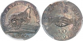 SIERRA LEONE
Colonie Britannique. 10 cent 1791 Birmingham, essai en argent.
Av. Lion. Rv. Valeur de part et d’autre de deux mains jointes.
Km. 3.
...