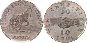 SIERRA LEONE
Colonie Britannique. 10 cent 1791 en bronze Birmingham.
Av. Lion. Rv. Valeur de part et d’autre de deux mains jointes.
Km. 3a.
PCGS P...