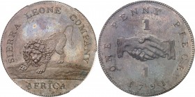 SIERRA LEONE
Colonie Britannique. Penny 1791 en bronze, Birmingham, 32 mm.
Av. Lion. Rv. Valeur de part et d’autre de deux mains jointes.
Km. 2.1....