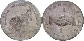 SIERRA LEONE
Colonie Britannique. Penny 1791 en bronze, Birmingham, 30 mm.
Av. Lion. Rv. Valeur de part et d’autre de deux mains jointes.
Km. 2.2....