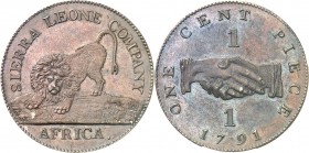 SIERRA LEONE
Colonie Britannique. Cent 1791 en bronze, Birmingham.
Av. Lion. Rv. Valeur de part et d’autre de deux mains jointes.
Km. 1.
PCGS PR 6...