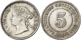 STRAITS SETTLEMENTS
Victoria (1837-1901). 5 cents 1873. Compagnie des Indes orientales.
Av. Buste à gauche. Rv. Valeur.
Km. 10. 1,36 g.
NGC AU det...