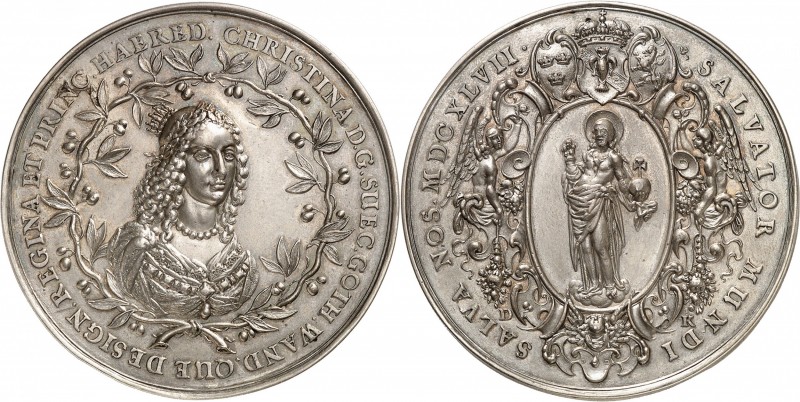 SUÈDE
Christina (1632 - 1654). Médaille en argent 1647, Salvatore Mundi, par Da...
