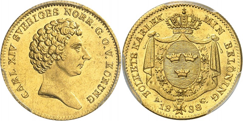 SUÈDE
Charles XIV. Johan (1818-1844). Ducat 1838.
Av. Tête nue à droite. Rv. É...