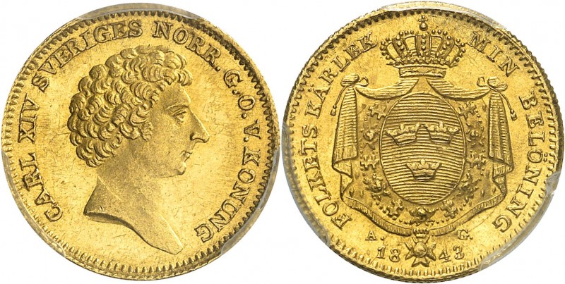 SUÈDE
Charles XIV. Johan (1818-1844). Ducat 1843.
Av. Tête nue à droite. Rv. É...