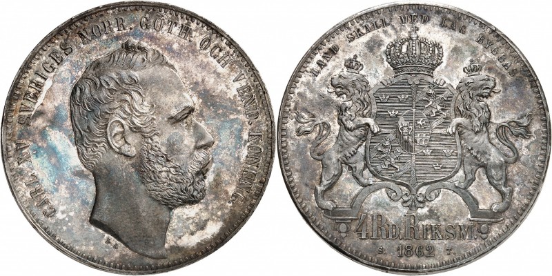 SUÈDE
Karl XV (1859-1872). Riksdaler 1862, Stockholm, frappe sur flan bruni.
A...