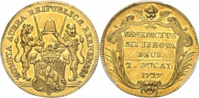 SUISSE
Canton de Berne. 2 ducats 1727.
Av. Écu tenu par deux lions. Rv. Inscriptions sur cinq lignes.
HMZ. 2-212d, Fr. 165. 6,88 g.
PCGS MS 62. Su...