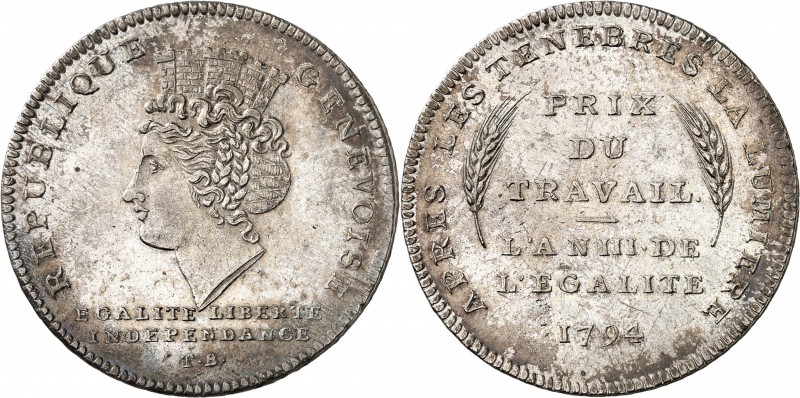SUISSE
Canton de Genève. Thaler de 10 décimes 1794.
Av. Tête couronnée à gauch...
