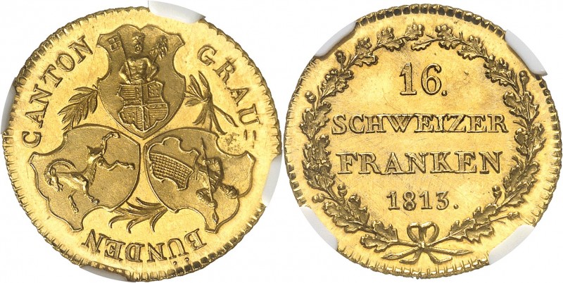 SUISSE
Canton des Grisons. 16 franken 1813, Berne.
Av. Trois écussons. Rv. Val...