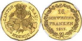 SUISSE
Canton des Grisons. 16 franken 1813, Berne.
Av. Trois écussons. Rv. Valeur dans une couronne.
Fr. 265, HMZ 2-602a.
Top pop : plus haut grad...