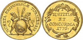 SUISSE
Canton de Zurich. Double ducat 1776.
Av. Deux lions tenant les armes du canton. Rv. Légende sur quatre lignes.
Fr. 485b, HMZ 2-1160f.
PCGS ...