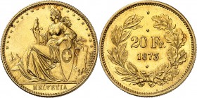 SUISSE
Confédération Helvétique (1848 à nos jours). 20 francs 1873, essai en or, variété aux 3 points.
Av. Hélvétia assise à gauche. Rv. Valeur dans...