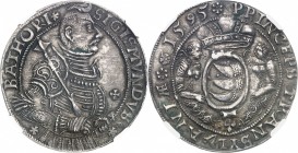 TRANSYLVANIE
Sigismond Bathori (1581-1602). Thaler 1595, Nagybanya.
Av. Buste en uniforme à droite. Rv. Écu couronné soutenu par deux allégories.
D...