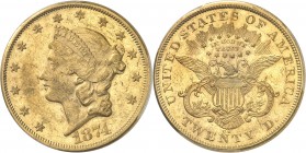 U.S.A.
20 dollars Libertéy1874 CC, Carson City.
Av. Tête de Liberté à gauche. Rv. Aigle aux ailes déployées.
Fr. 176.
PCGS AU 58. TTB à Superbe...