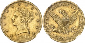 U.S.A.
10 dollars Liberty 1847, Philadelphie.
Av. Tête de Liberté à gauche. Rv. Aigle aux ailes déployées.
F. 155.
NGC AU 55. TTB