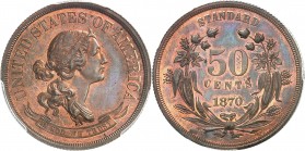 U.S.A.
50 cents 1870, essai en bronze.
Av. Buste de Liberté à droite. Rv. Valeur dans une couronne.
J. 959.
PCGS PR 64+ BN. Flan bruni, presque Fl...