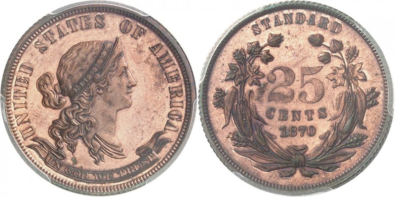 U.S.A.
25 cents 1870, essai sur flan bruni en bronze.
Av. Tête de Liberté à dr...