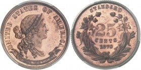 U.S.A.
25 cents 1870, essai sur flan bruni en bronze.
Av. Tête de Liberté à droite. Rv. Valeur dans une couronne.
J. 896.
PCGS PR 63. Rare, Superb...
