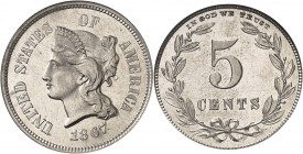 U.S.A.
5 cents 1867, Philadelphie, essai sur flan bruni.
Av. Tête de Liberté à gauche. Rv. Valeur dans une couronne.
J. 566.
NGC PR 65. Fleur de c...