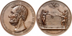 U.S.A.
Médaille en bronze 1865, hommage de la France au Président Lincoln assassiné le 14 avril 1865, par Franky Magniadas.
Av. Buste à gauche. Rv. ...