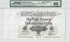 BILLETS CONGO BELGE
Banque du Congo Belge. 10000 francs specimen 10.03.1942.
Pick# 20s. Échelle 30%.
PMG 66 EPQ