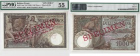 BILLETS CONGO BELGE
Banque du Congo Belge. 1000 francs spécimen n.d. (1920), Élisabethville.
Pick# 12as. Échelle 30%.
PMG 55