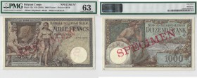 BILLETS CONGO BELGE
Banque du Congo Belge. 1000 francs spécimen n.d. (1920)
Pick# 12s. Échelle 30%.
PMG 63